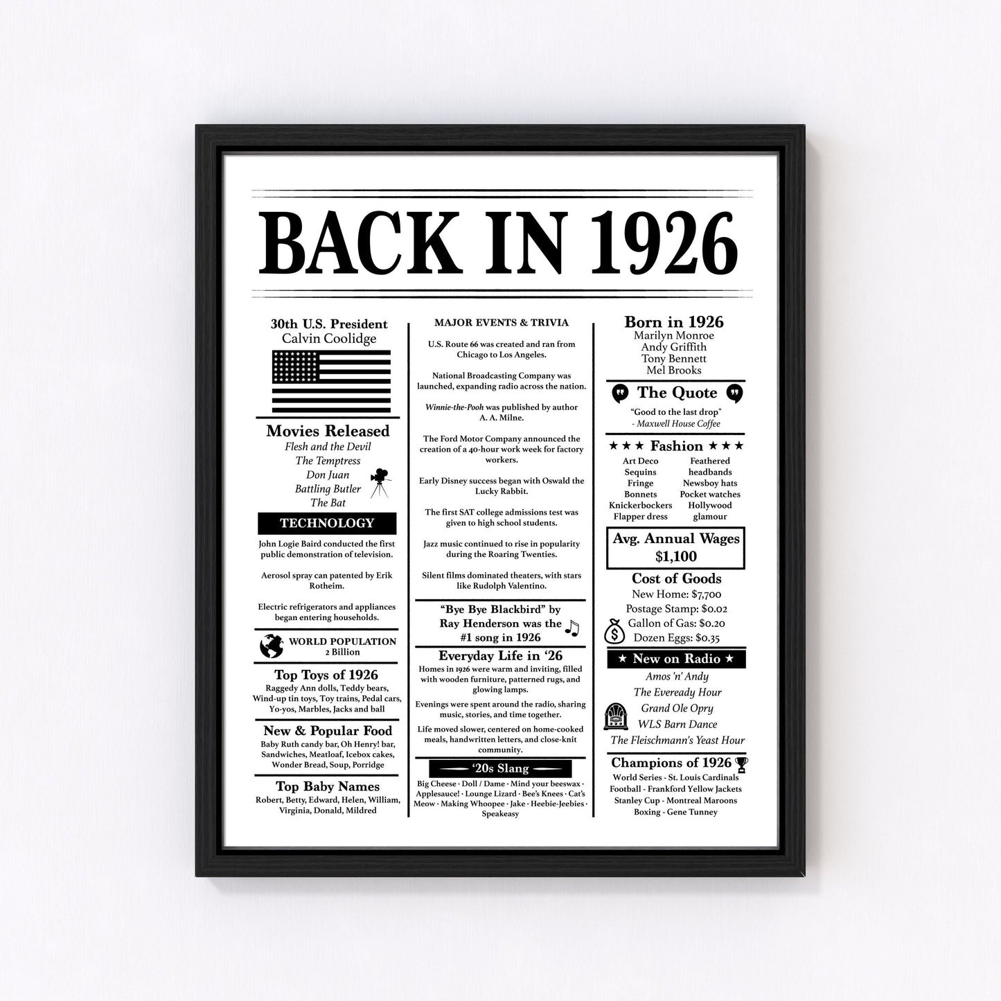 Back in 1926 Birthday Poster – Editable Headline – 100th Birthday – Fun Facts & Trivia - Instant Download