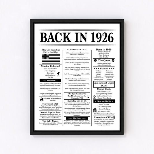 Back in 1926 Birthday Poster – Editable Headline – 100th Birthday – Fun Facts & Trivia - Instant Download