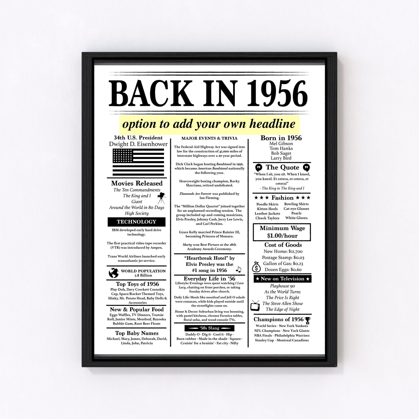 Back in 1956 Birthday Poster – Editable Headline – 70th Birthday – Fun Facts & Trivia - Instant Download