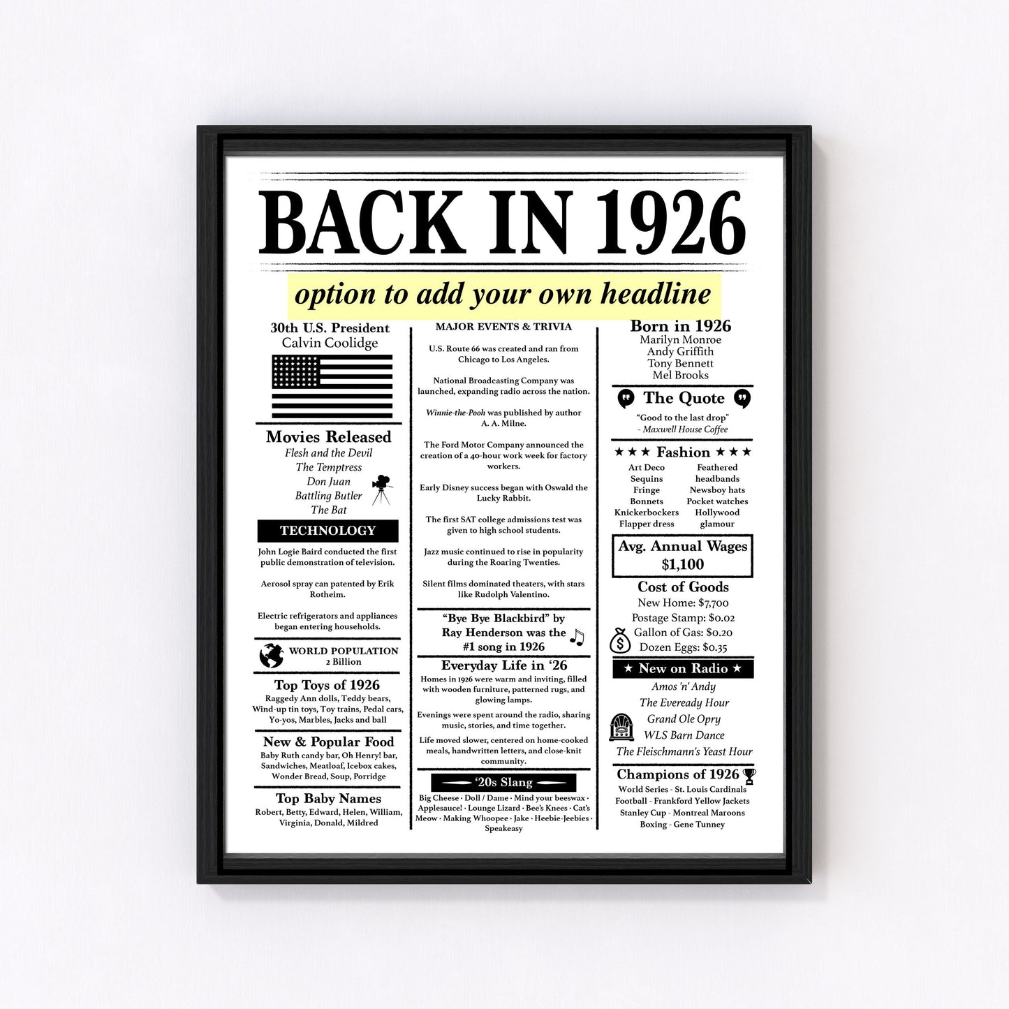 Back in 1926 Birthday Poster – Editable Headline – 100th Birthday – Fun Facts & Trivia - Instant Download