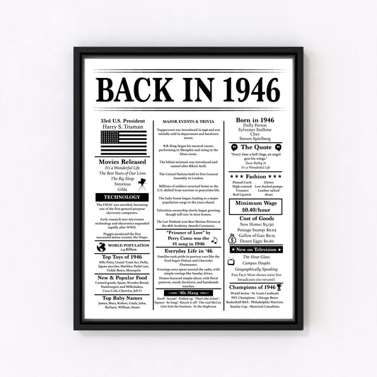 Back in 1946 Birthday Poster – Editable Headline – 80th Birthday – Fun Facts & Trivia - Instant Download